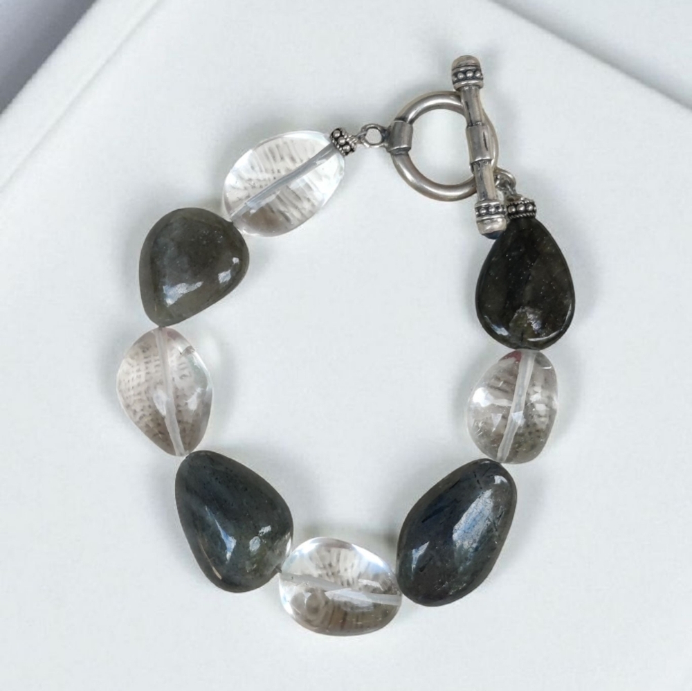 Vintage Sterling Labradorite And Rock Crystal Chunky Stone Bracelet